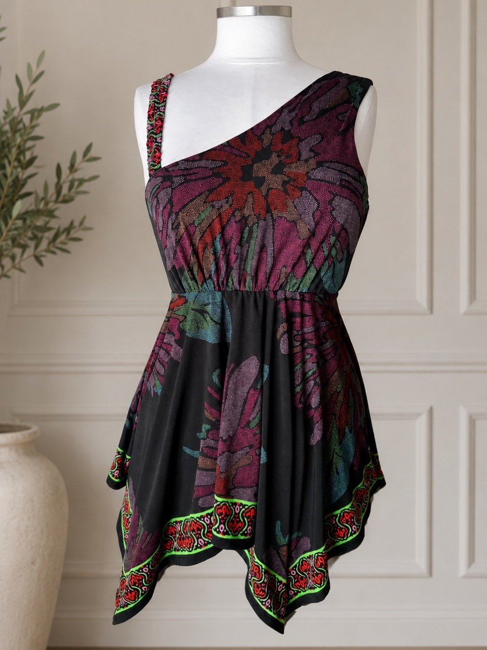 ECI One-Shoulder Floral Handkerchief Hem Tunic - Black, Magenta, Green